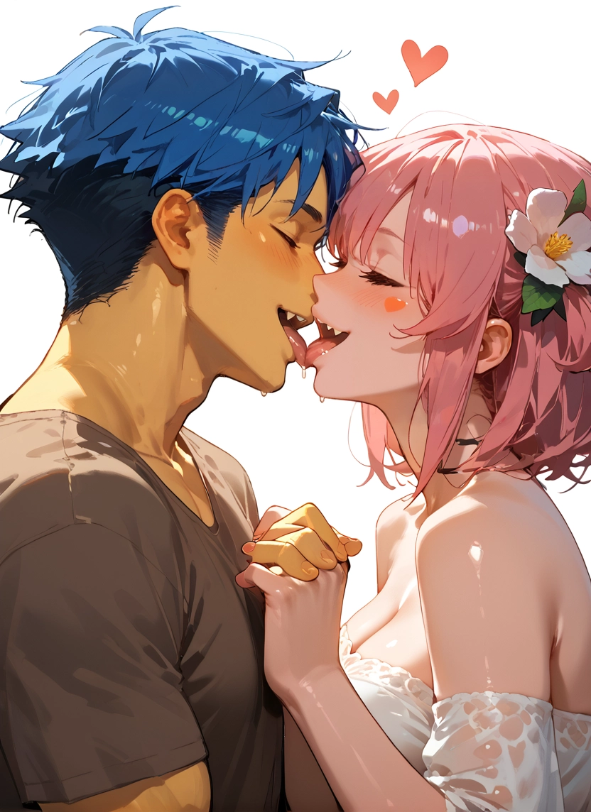 1girl, 1boy, hair ornament, flower, breasts, pink hair · Yamete.gg