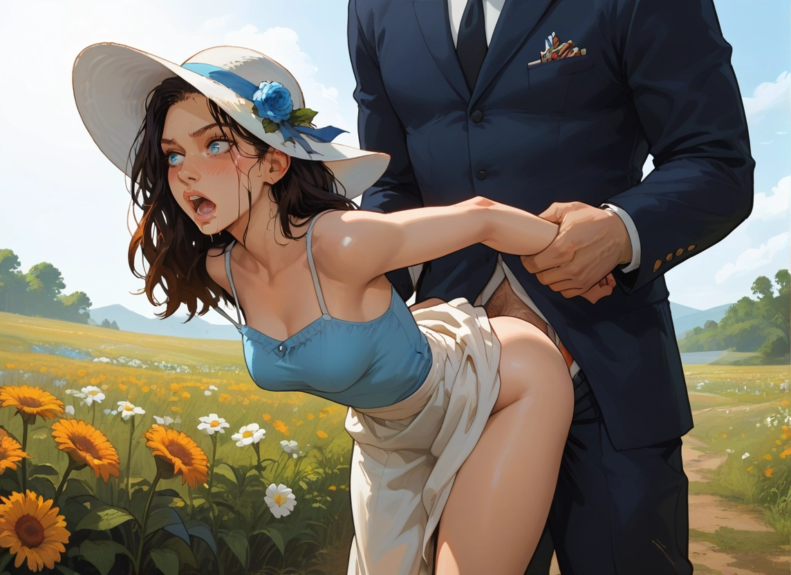 1girl, 1boy, flower, outdoors, hetero, hat · Yamete.gg