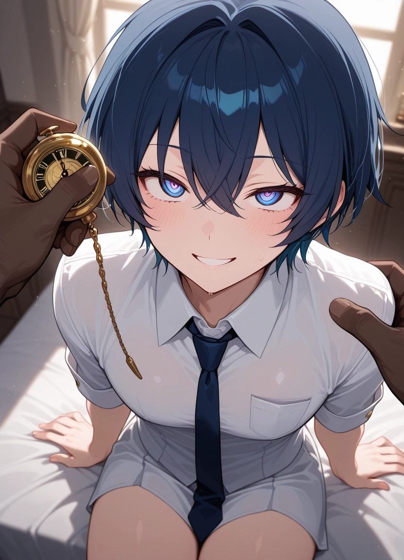1girl, necktie, short hair, blue eyes, smile, sitting · Yamete.gg