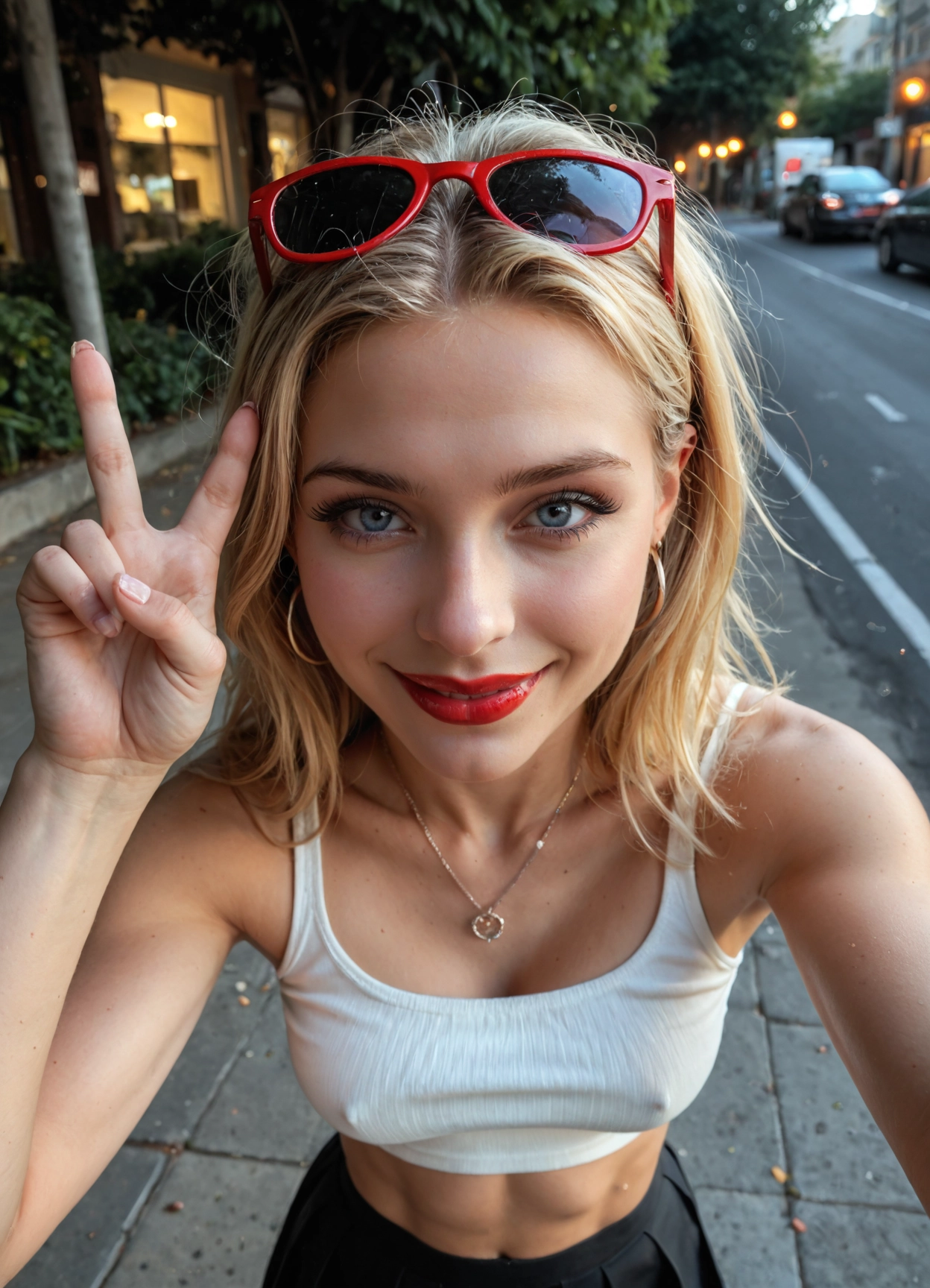 1girl, solo, jewelry, blonde hair, eyewear on head, breasts · Yamete.gg