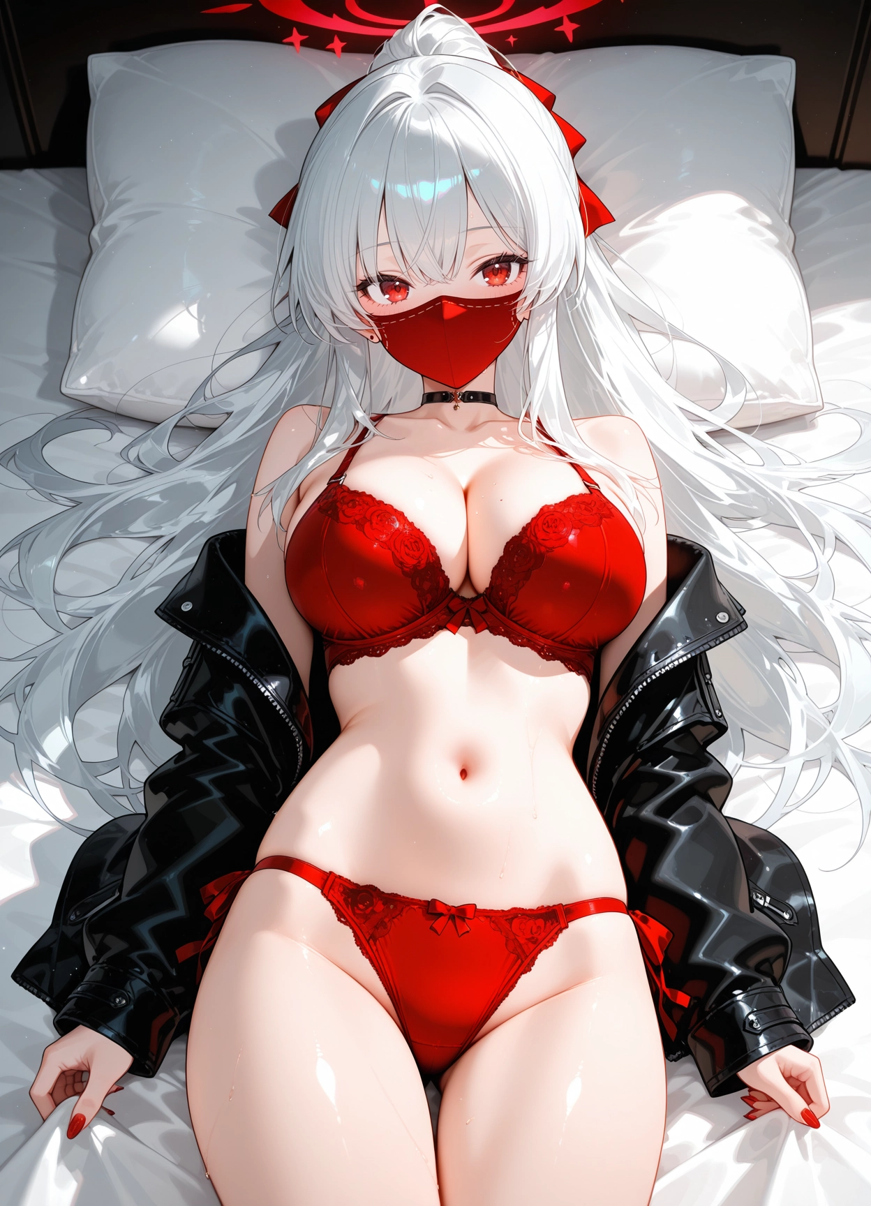 red panties, 1girl, red bra, breasts, jacket, solo · Yamete.gg