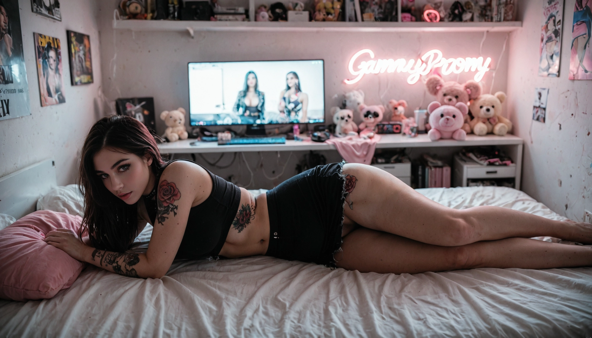 1girl, solo, stuffed toy, lying, stuffed animal, tattoo · Yamete.gg