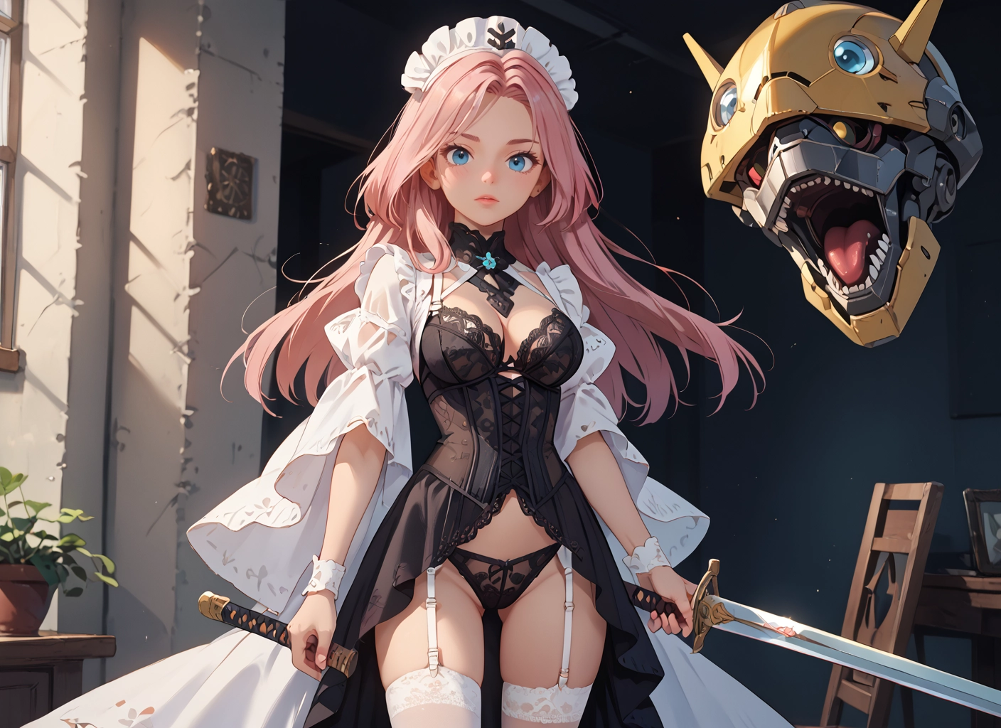 1girl, weapon, sword, breasts, blue eyes, underwear · Yamete.gg