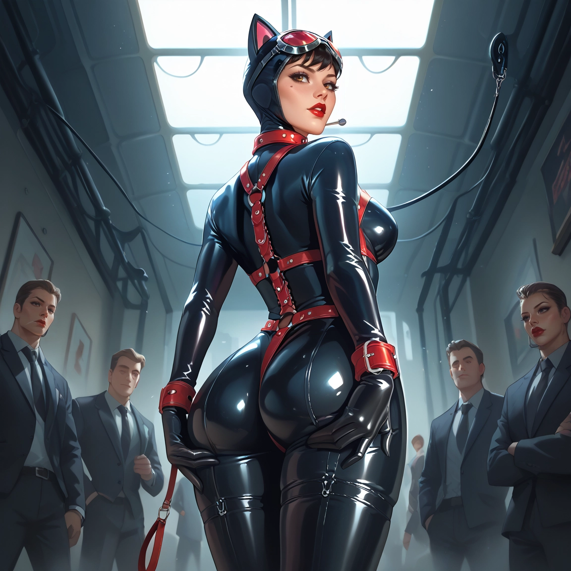 ass, bodysuit, 1girl, animal ears, leash, multiple boys · Yamete.gg
