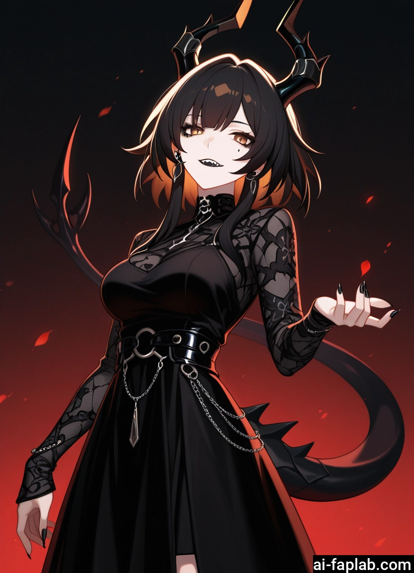 1girl, horns, solo, teeth, dress, sharp teeth