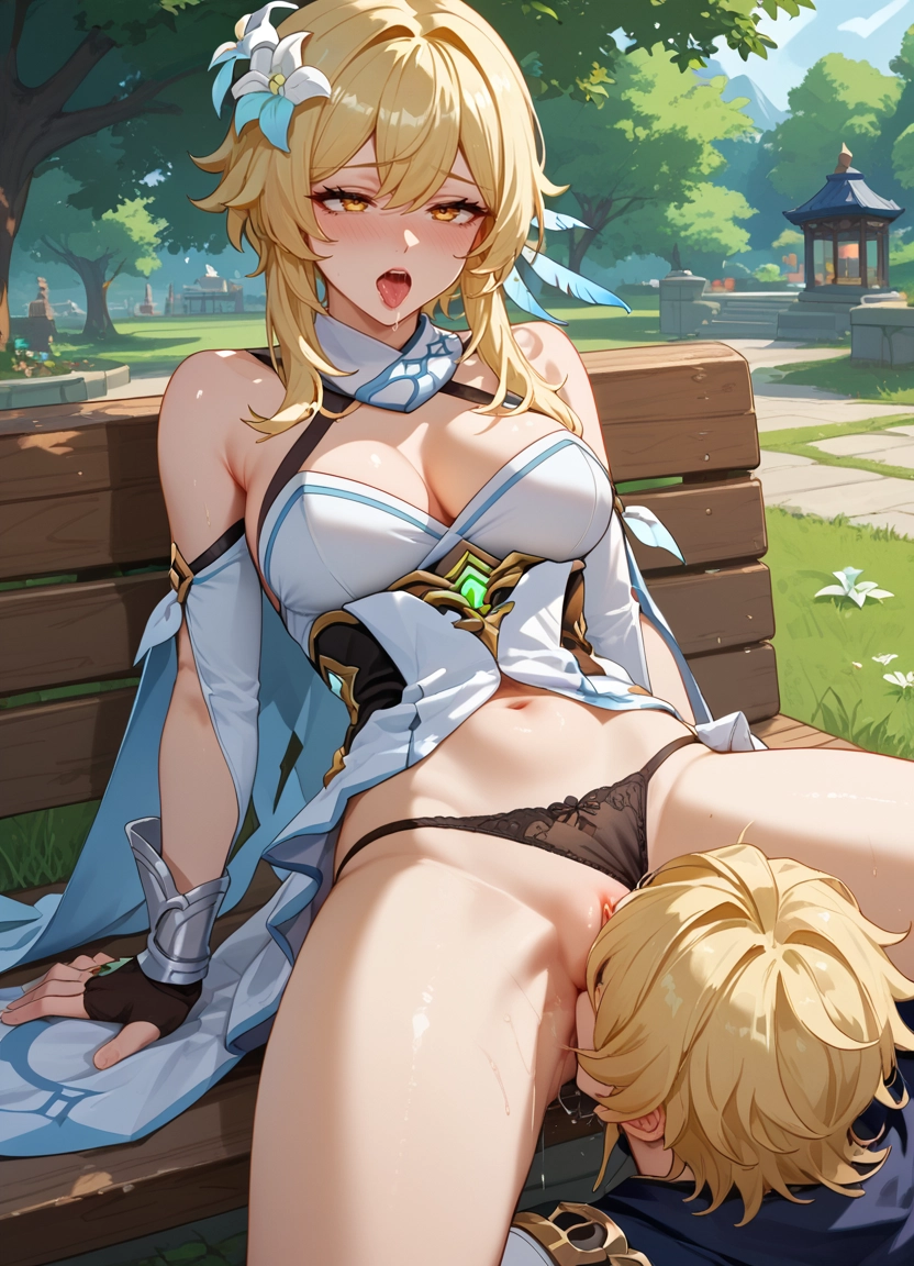 cunnilingus, aether (genshin impact), underwear, panties, tongue, lumine (genshin impact)