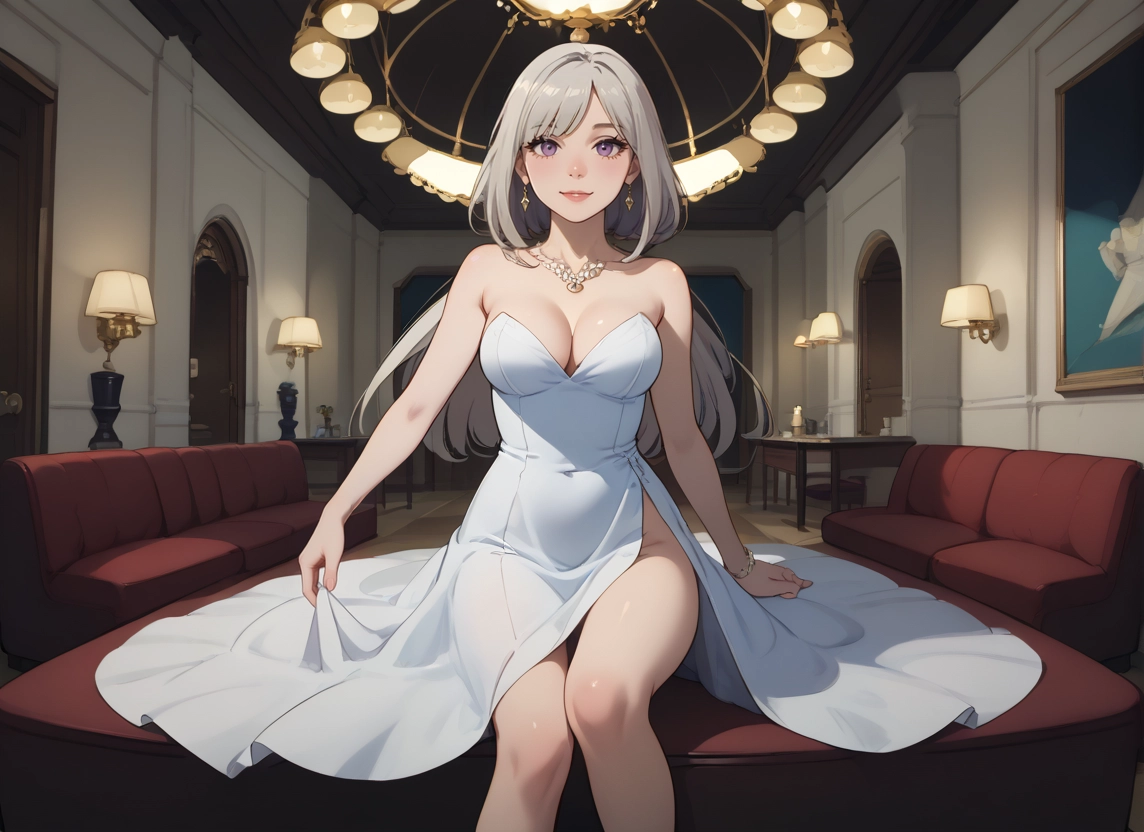 1girl, breasts, dress, jewelry, earrings, long hair · Yamete.gg