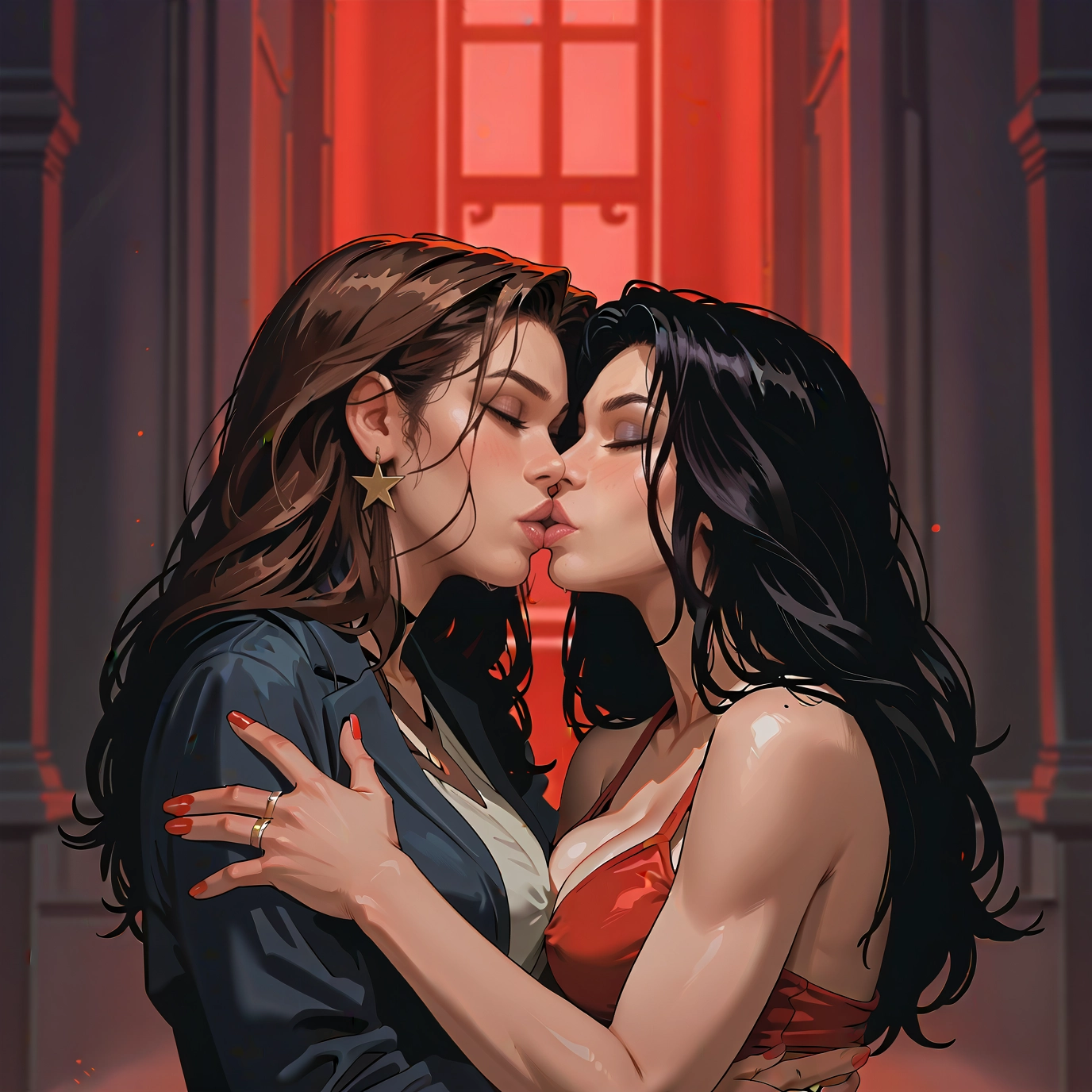 multiple girls, 2girls, yuri, kiss, jewelry, breasts · Yamete.gg