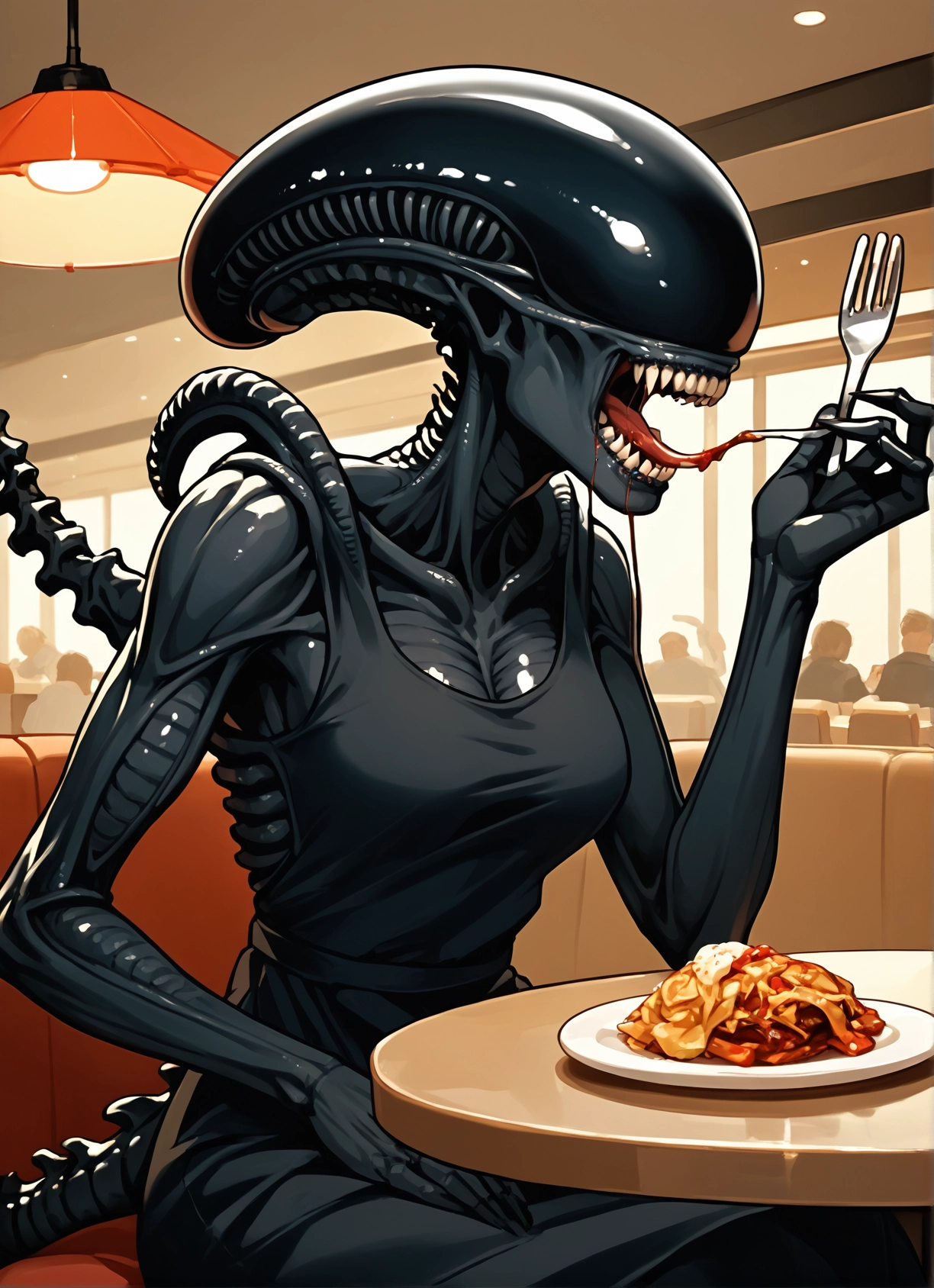food, fork, 1girl, sitting, teeth, tongue · Yamete.gg