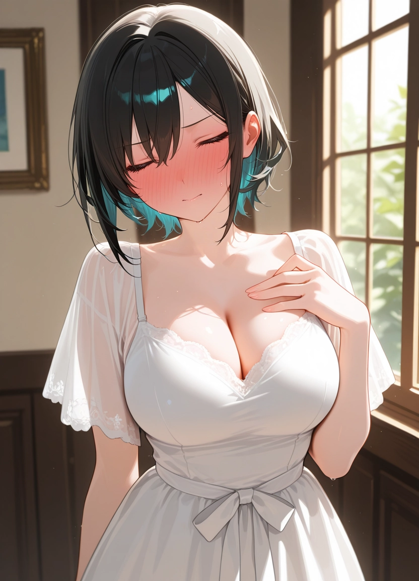 1girl, breasts, cleavage, large breasts, blush, closed eyes · Yamete.gg