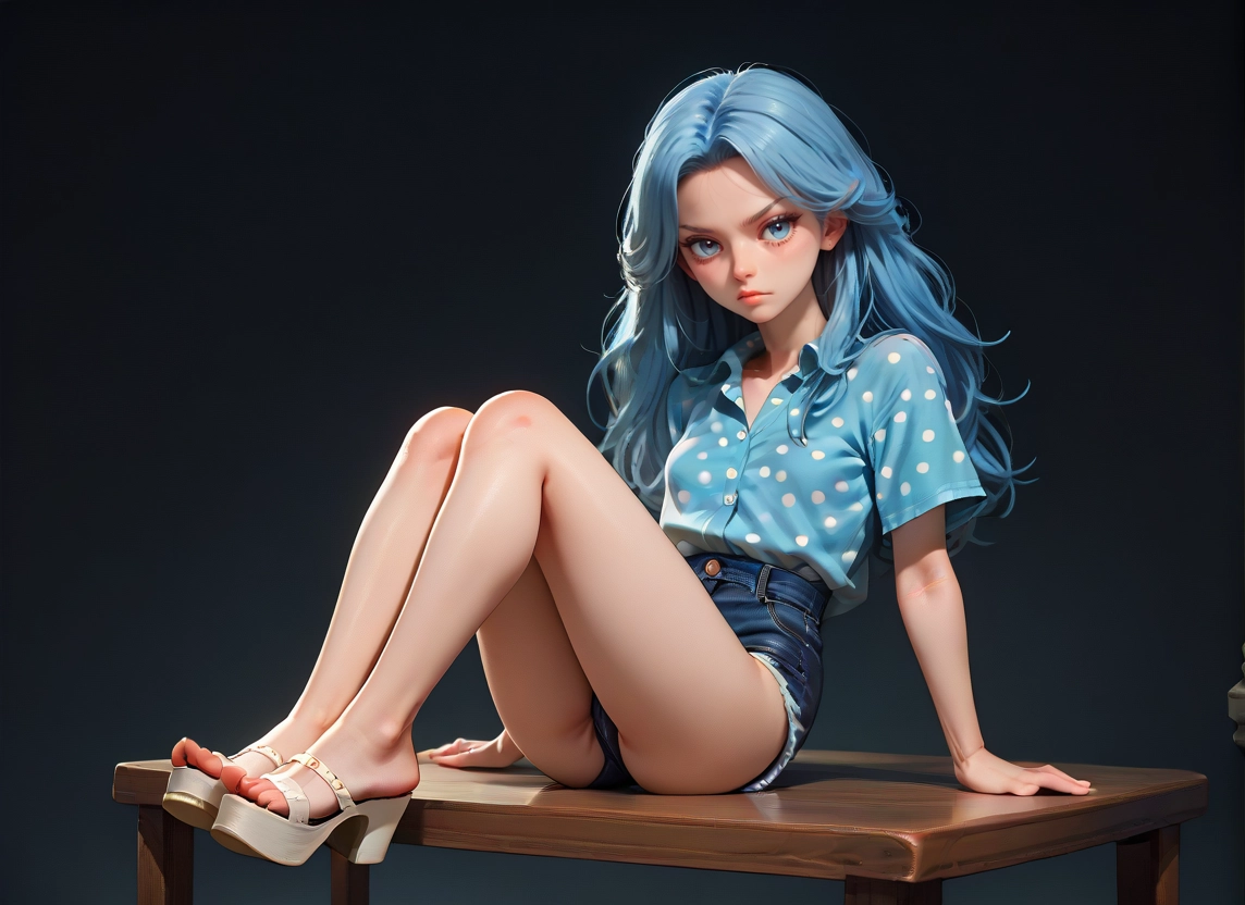1girl, solo, blue eyes, long hair, shorts, sitting · Yamete.gg