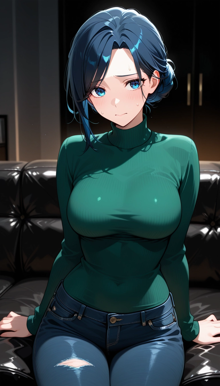 1girl, pants, solo, breasts, jeans, blue eyes · Yamete.gg