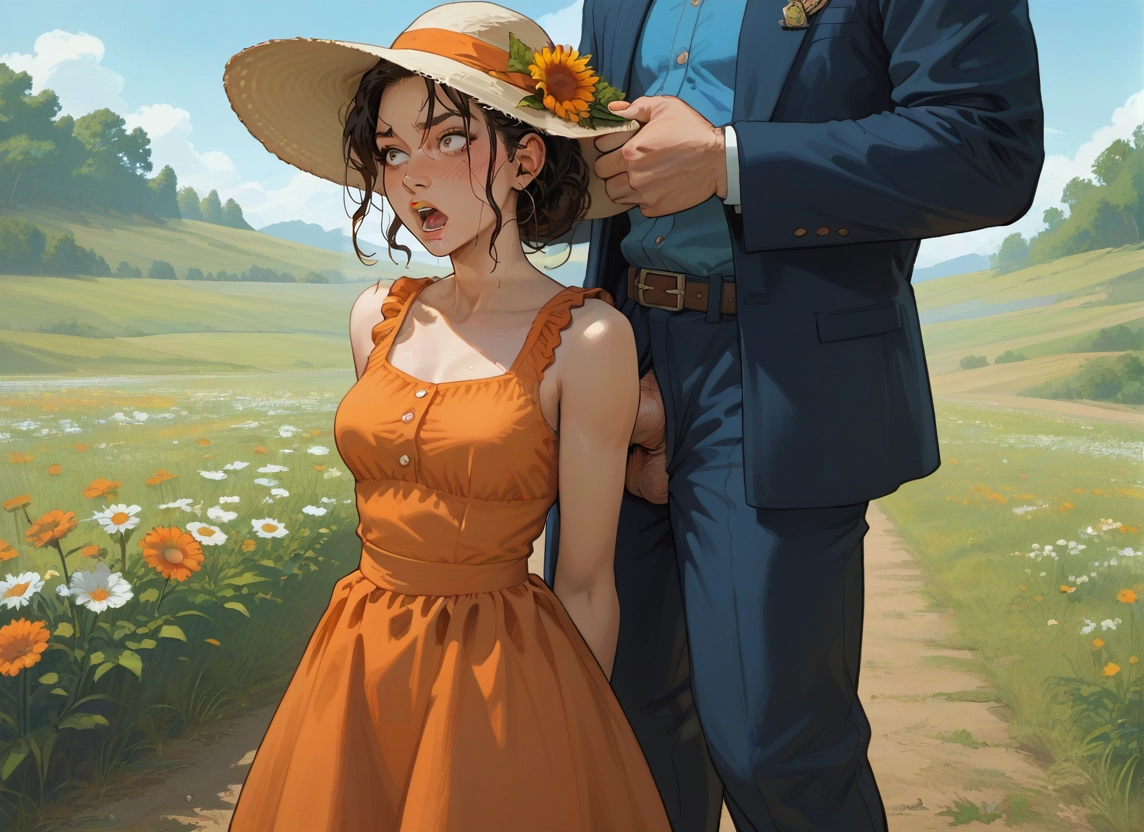 1girl, dress, hat, 1boy, flower, outdoors · Yamete.gg