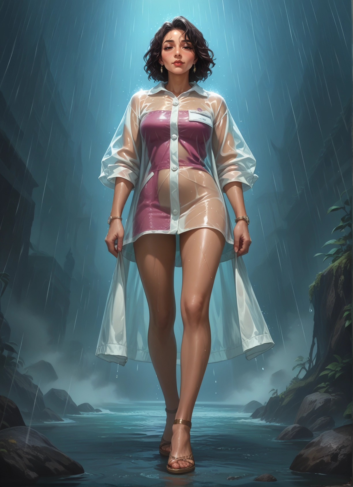 1girl, rain, solo, jewelry, wet, wet clothes · Yamete.gg