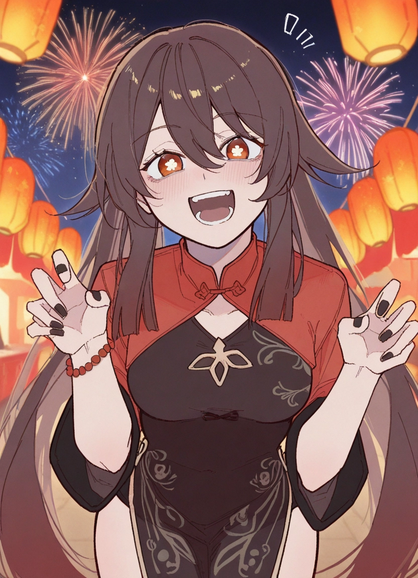 1girl, open mouth, fireworks, chinese clothes, solo, brown hair · Yamete.gg