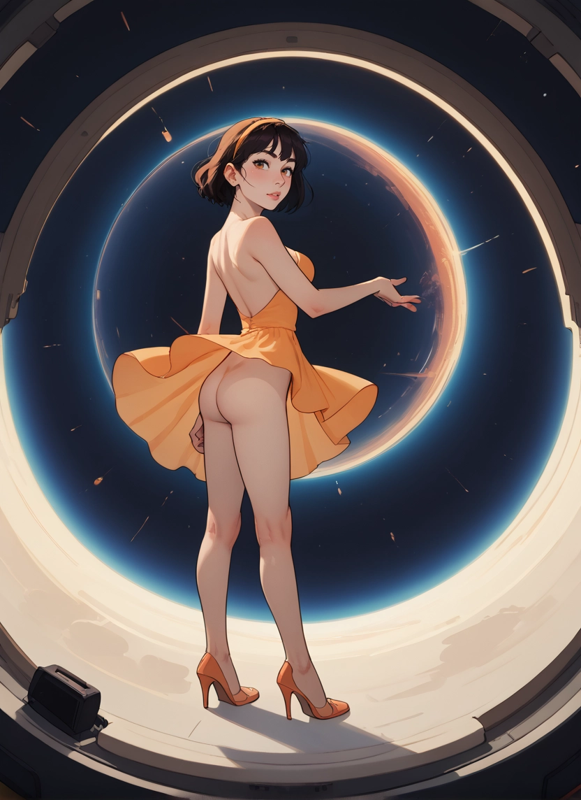 1girl, ass, solo, dress, high heels, brown hair · Yamete.gg