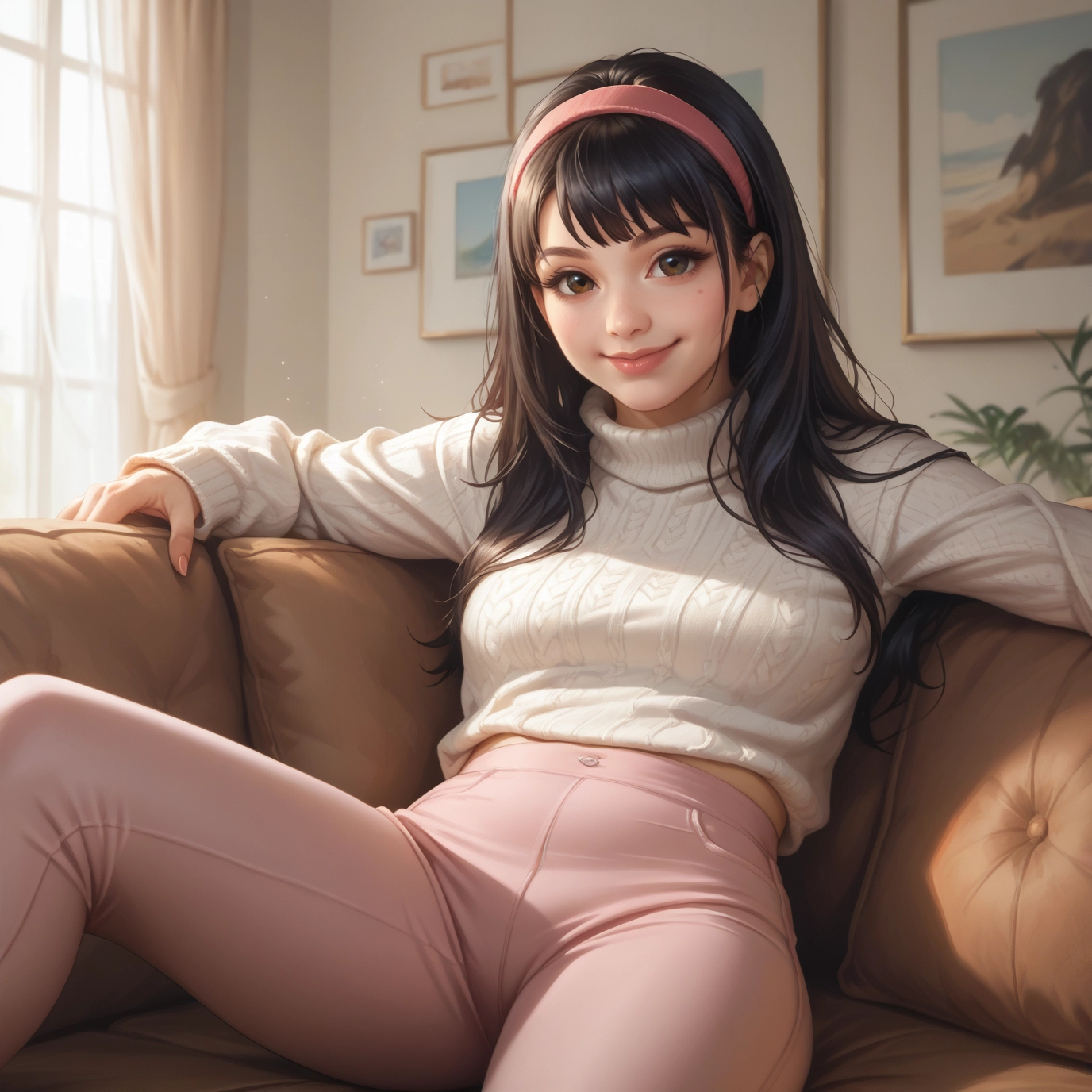 1girl, solo, sweater, pants, hairband, long hair · Yamete.gg
