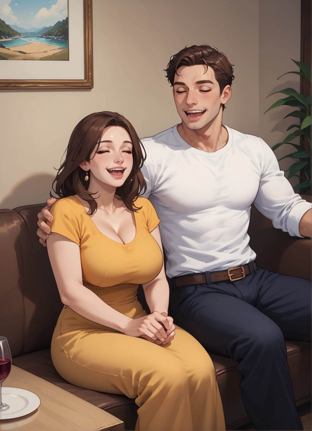 1girl, 1boy, breasts, dress, brown hair, jewelry · Yamete.gg