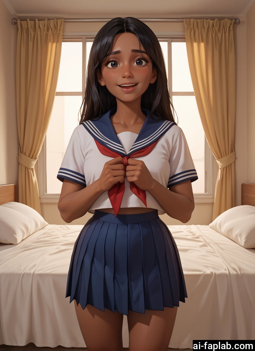 1girl, school uniform, solo, skirt, serafuku, dark-skinned female