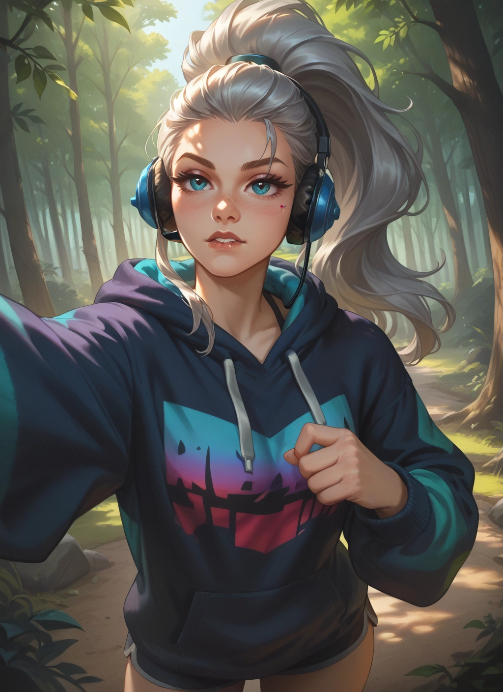 1girl, solo, headphones, hood, hoodie, blue eyes · Yamete.gg