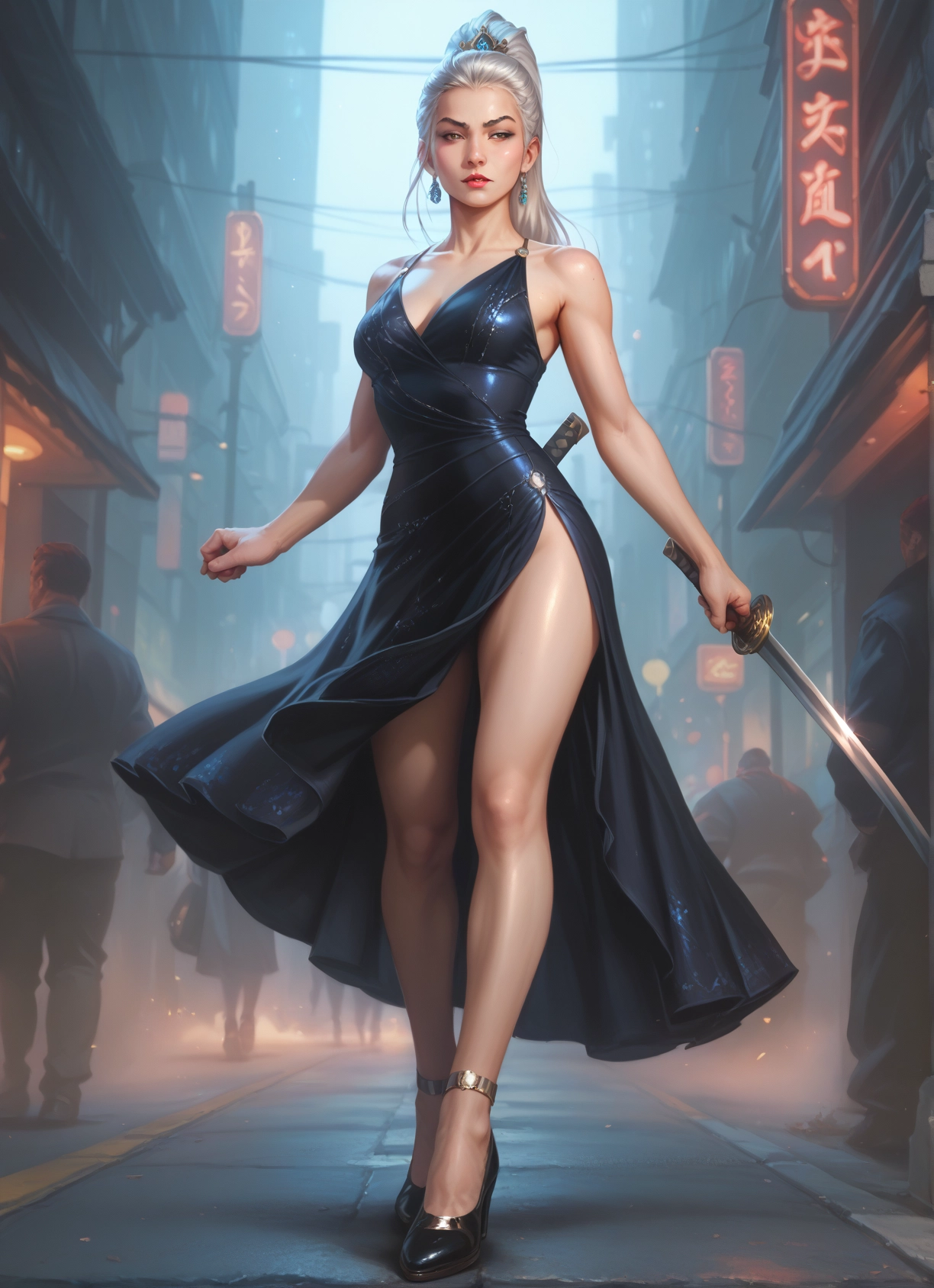 weapon, sword, 1girl, dress, jewelry, earrings · Yamete.gg