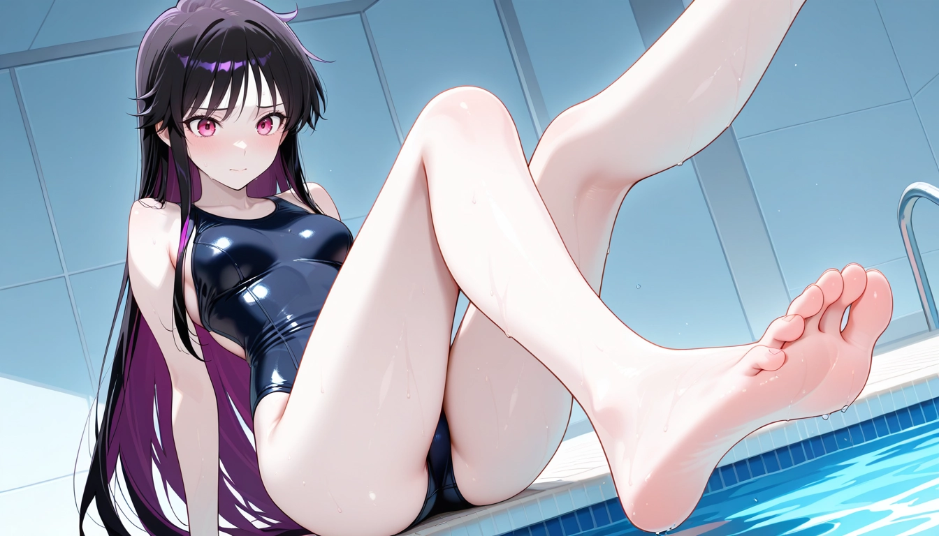 1girl, solo, swimsuit, one-piece swimsuit, barefoot, long hair · Yamete.gg
