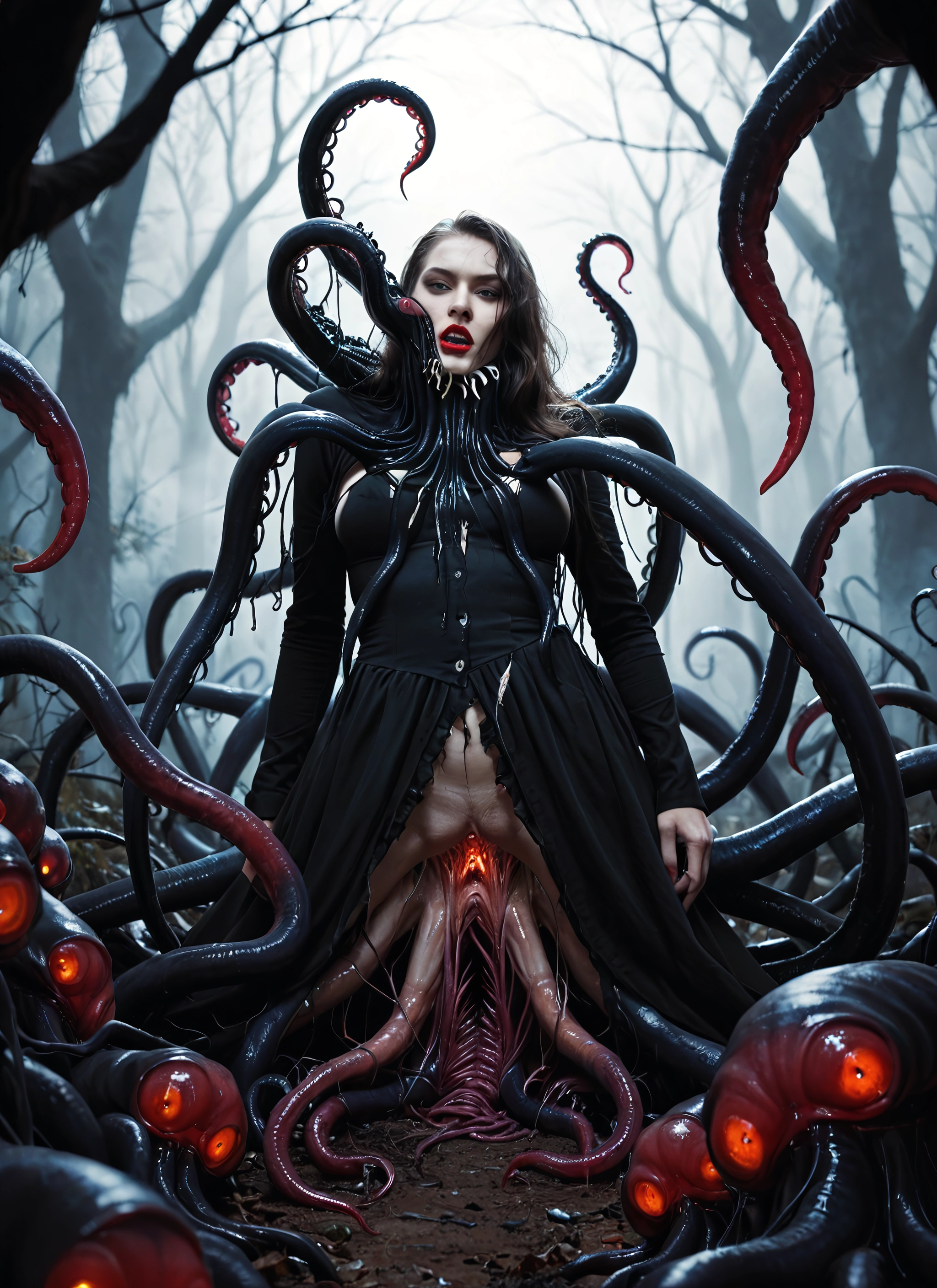 1girl, tentacles, dress, open mouth, solo, monster · Yamete.gg