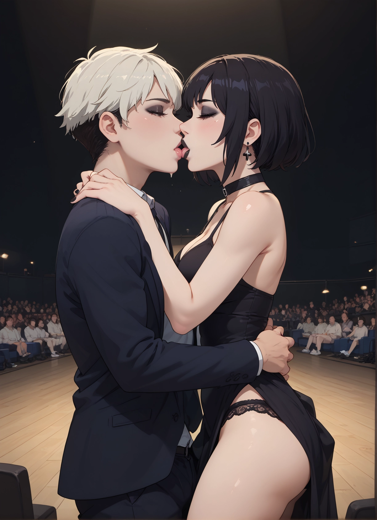 dress, jewelry, kiss, short hair, earrings, 1girl · Yamete.gg