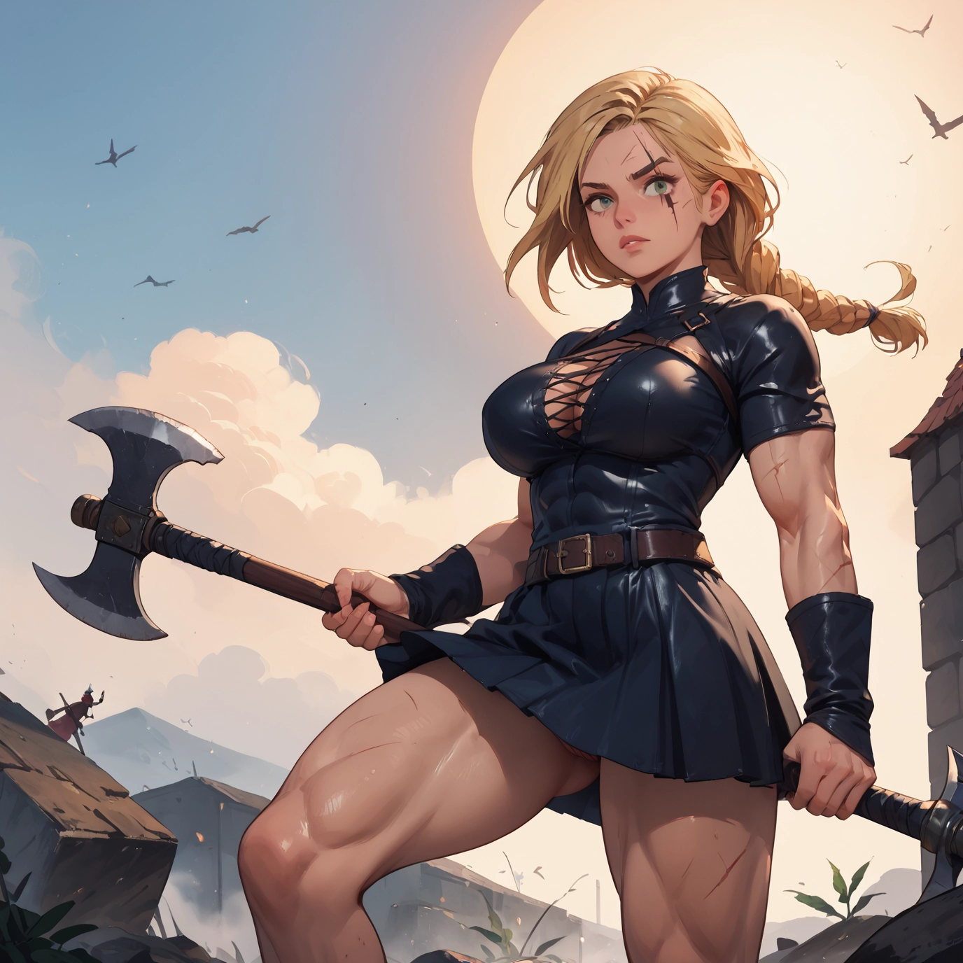 breasts, blonde hair, braid, 1girl, axe, muscular female · Yamete.gg