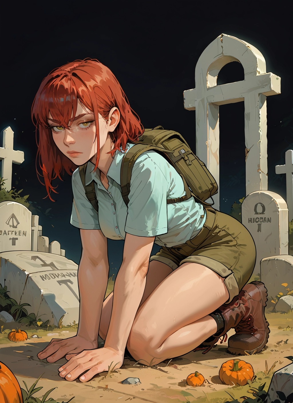 1girl, shorts, bag, solo, backpack, tombstone · Yamete.gg