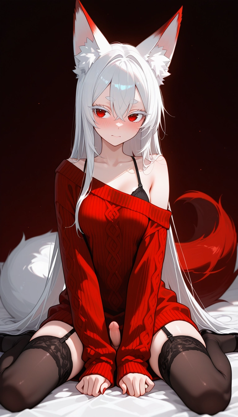 1girl, red sweater, solo, thighhighs, animal ears, red eyes · Yamete.gg