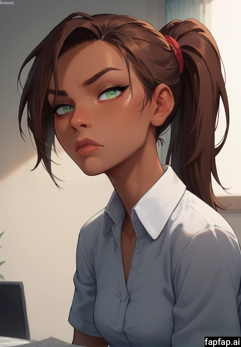1girl, solo, brown hair, green eyes, shirt, ponytail