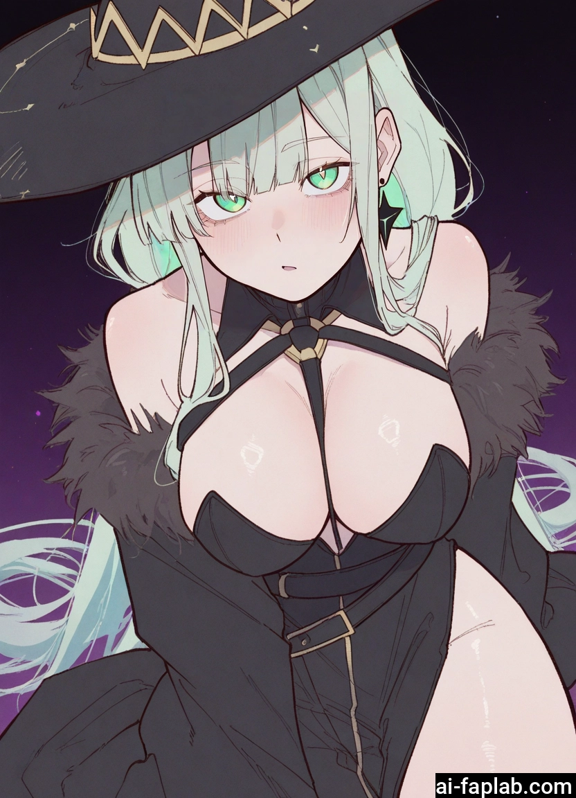 1girl, breasts, hat, witch hat, jewelry, earrings