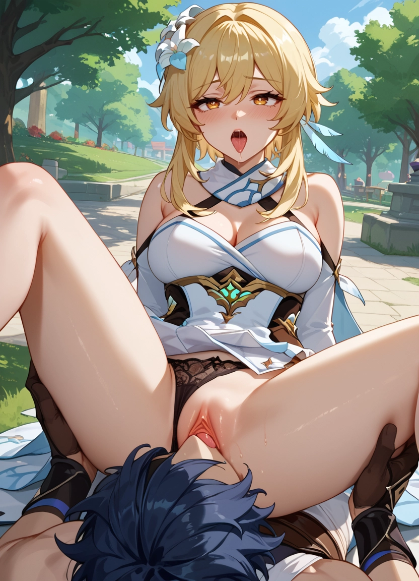 lumine (genshin impact), 1girl, cunnilingus, tongue, 1boy, panties
