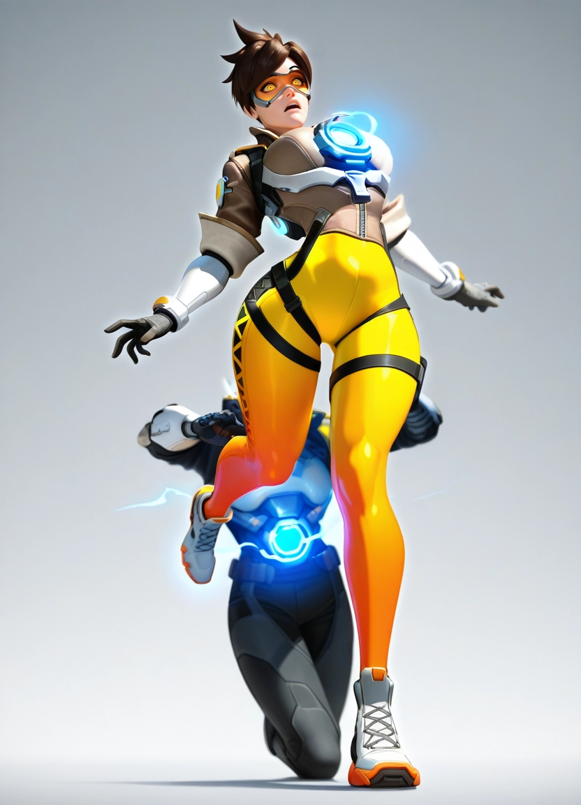 tracer (overwatch), orange goggles, orange bodysuit, brown hair, goggles, harness · Yamete.gg