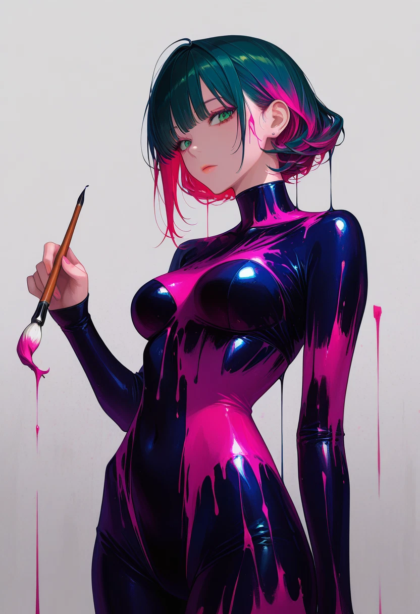 1girl, solo, bodysuit, paintbrush, green eyes, breasts