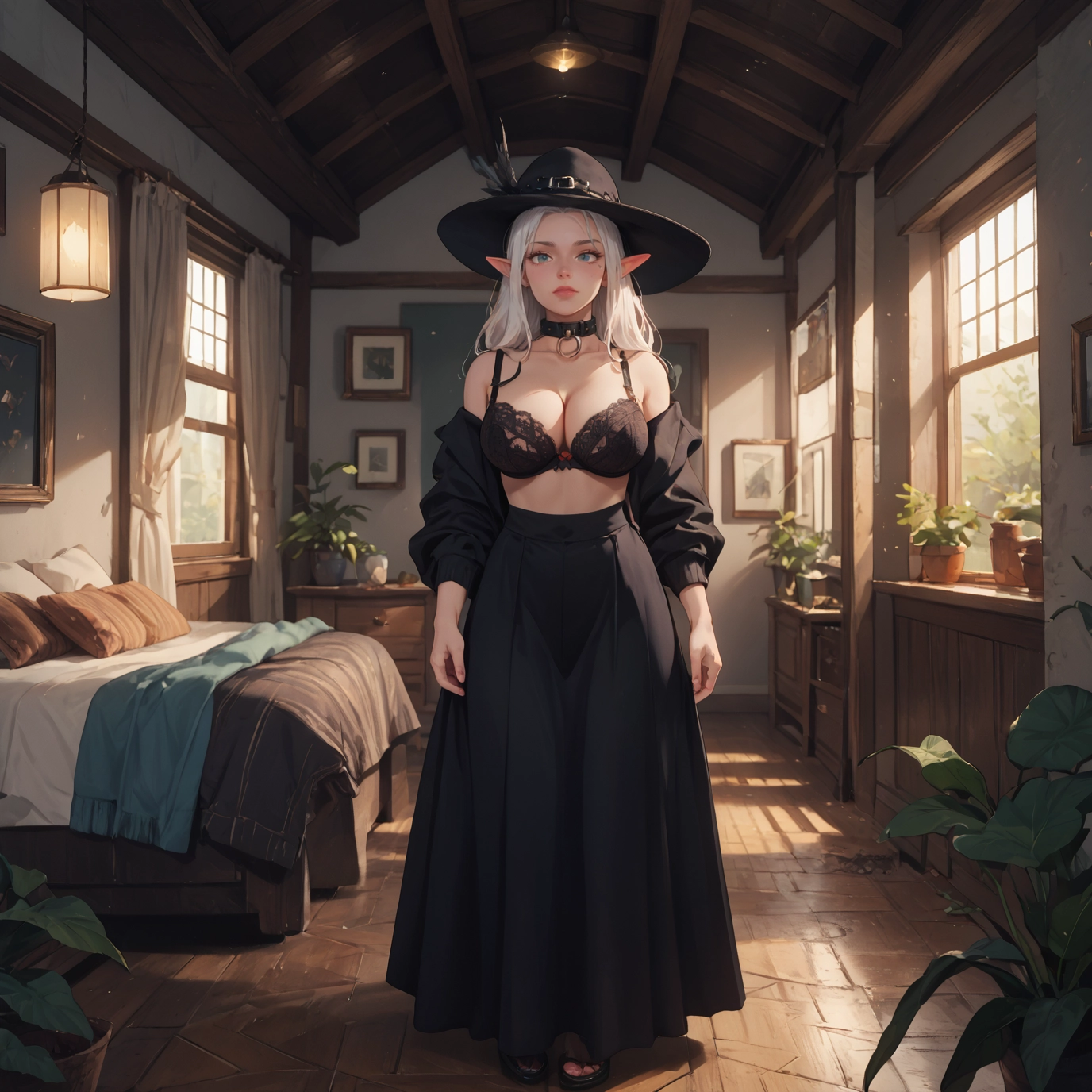 1girl, breasts, underwear, pointy ears, bra, hat · Yamete.gg