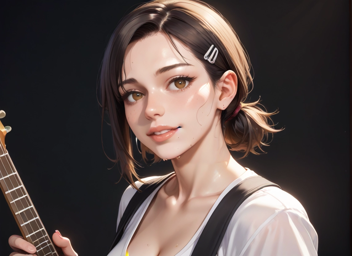 1girl, solo, instrument, breasts, hair ornament, brown eyes · Yamete.gg