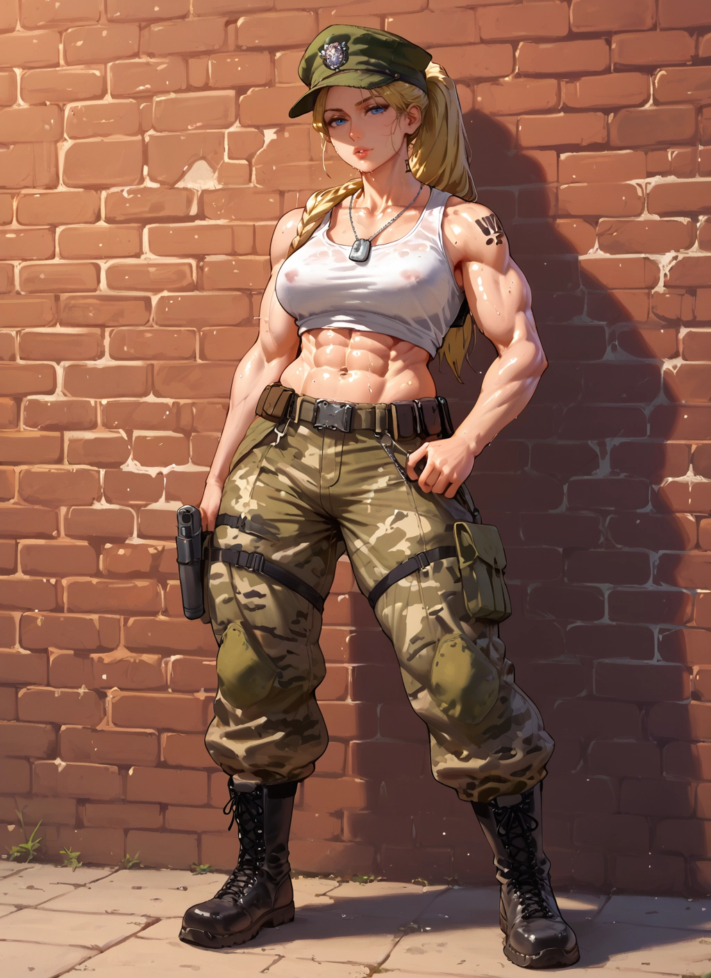 1girl, weapon, gun, blonde hair, muscular, abs · Yamete.gg