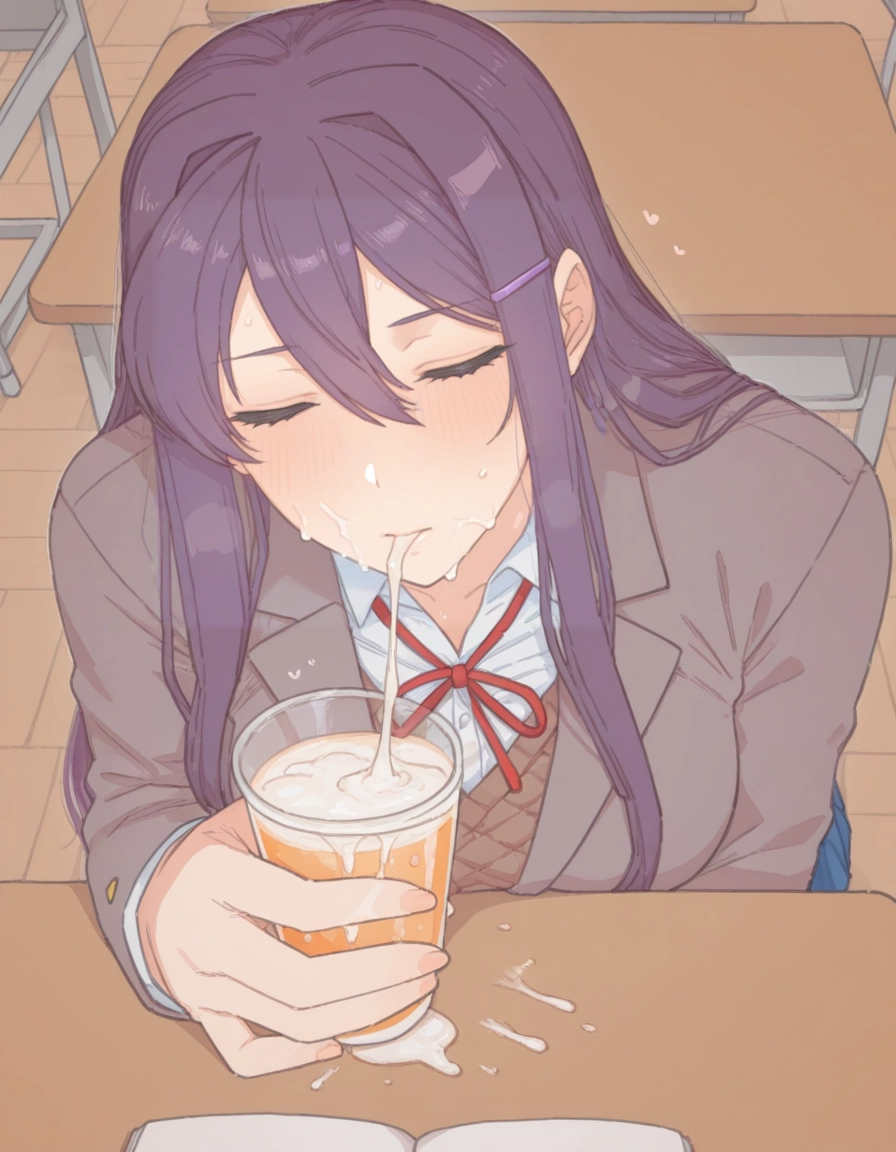 gokkun, 1girl, yuri (doki doki literature club), cum in container, solo, closed eyes · Yamete.gg