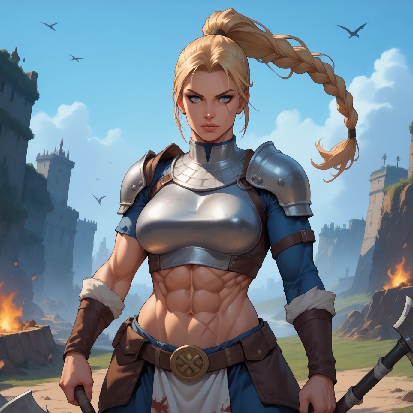 1girl, blonde hair, abs, blue eyes, armor, muscular female · Yamete.gg