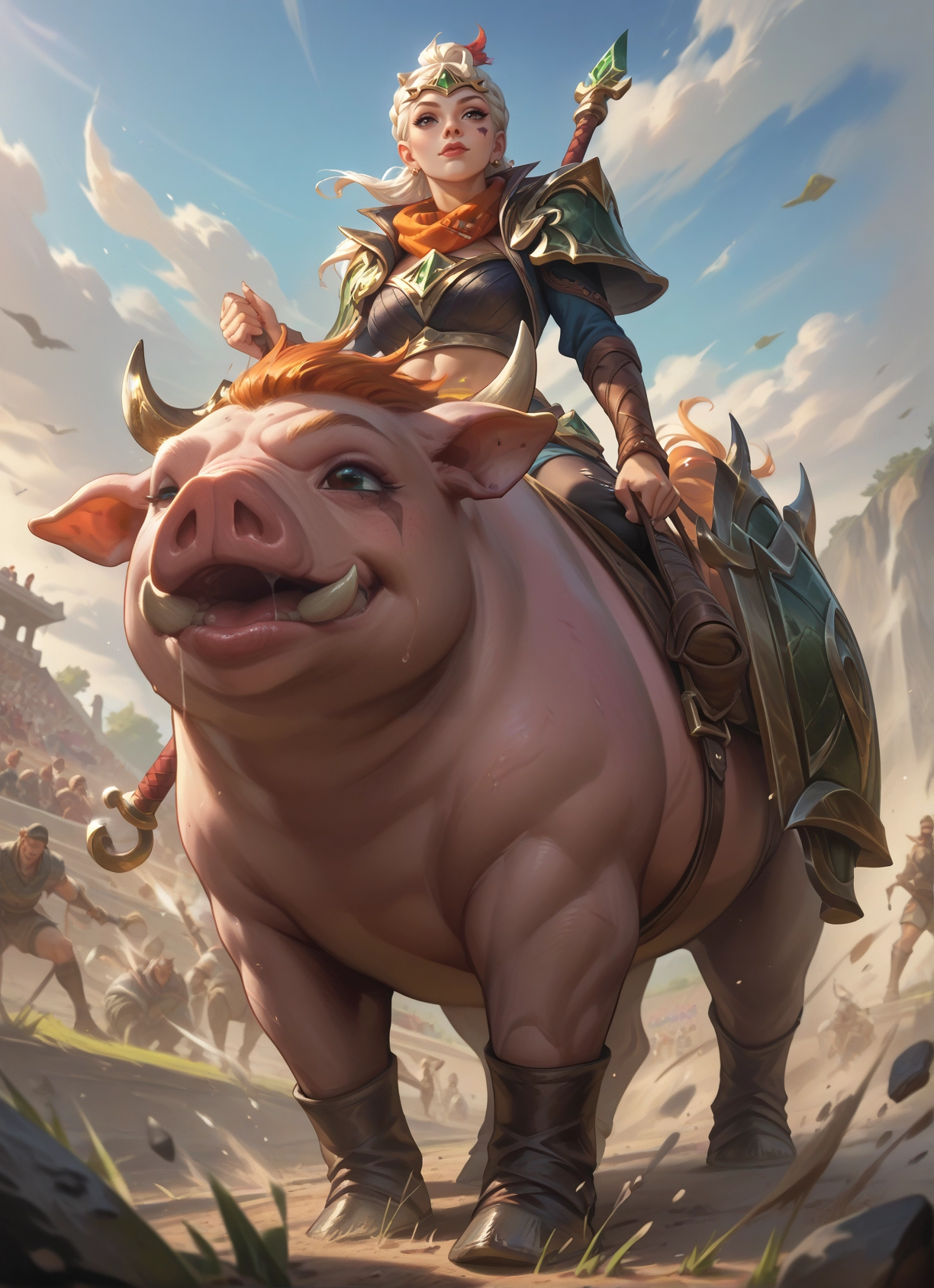 armor, weapon, 1girl, blonde hair, riding, sky · Yamete.gg