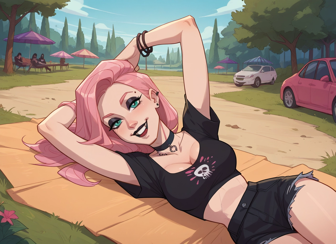pink hair, breasts, shorts, choker, lying, jewelry · Yamete.gg