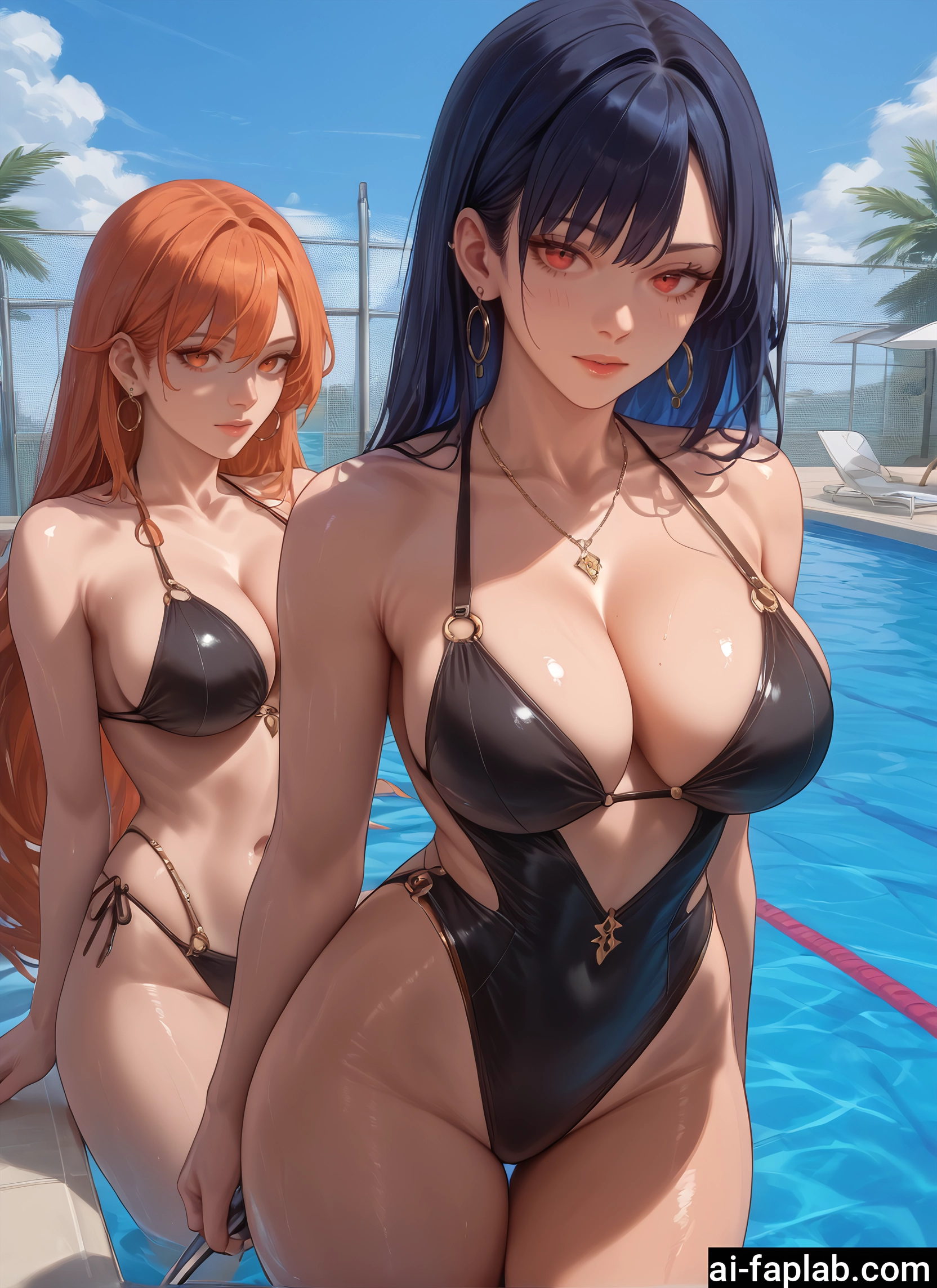 breasts, multiple girls, 2girls, swimsuit, jewelry, large breasts · Yamete.gg
