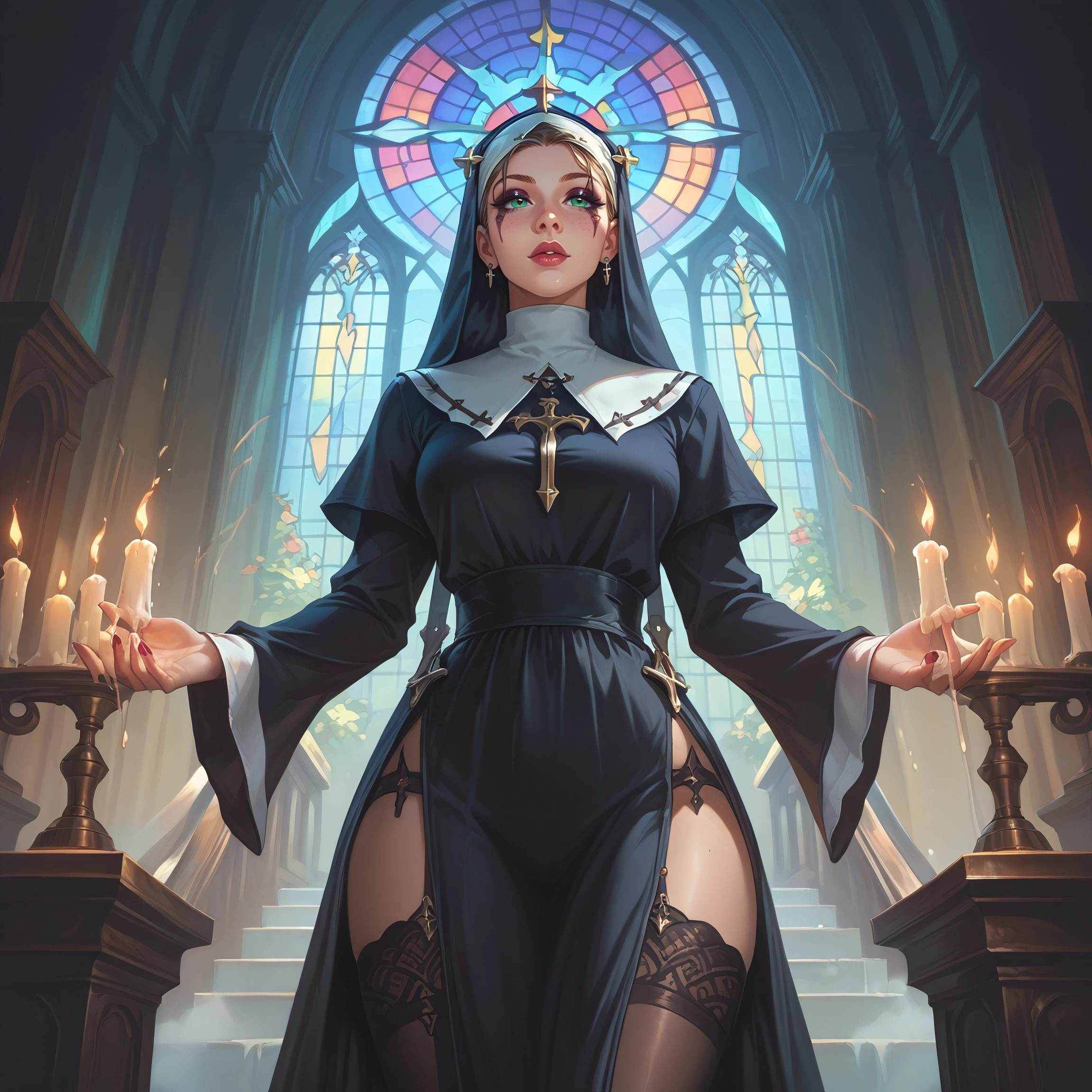 1girl, thighhighs, nun, candle, solo, jewelry · Yamete.gg