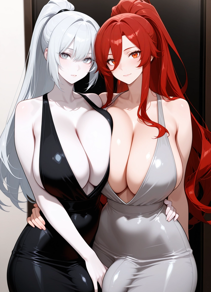 multiple girls, dress, 2girls, breasts, red hair, black dress · Yamete.gg