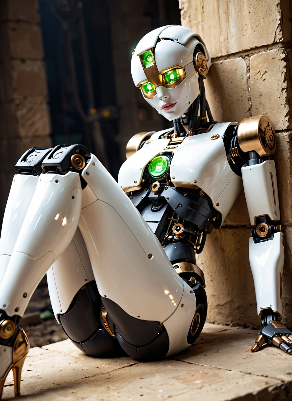 1girl, solo, sitting, high heels, green eyes, robot joints · Yamete.gg