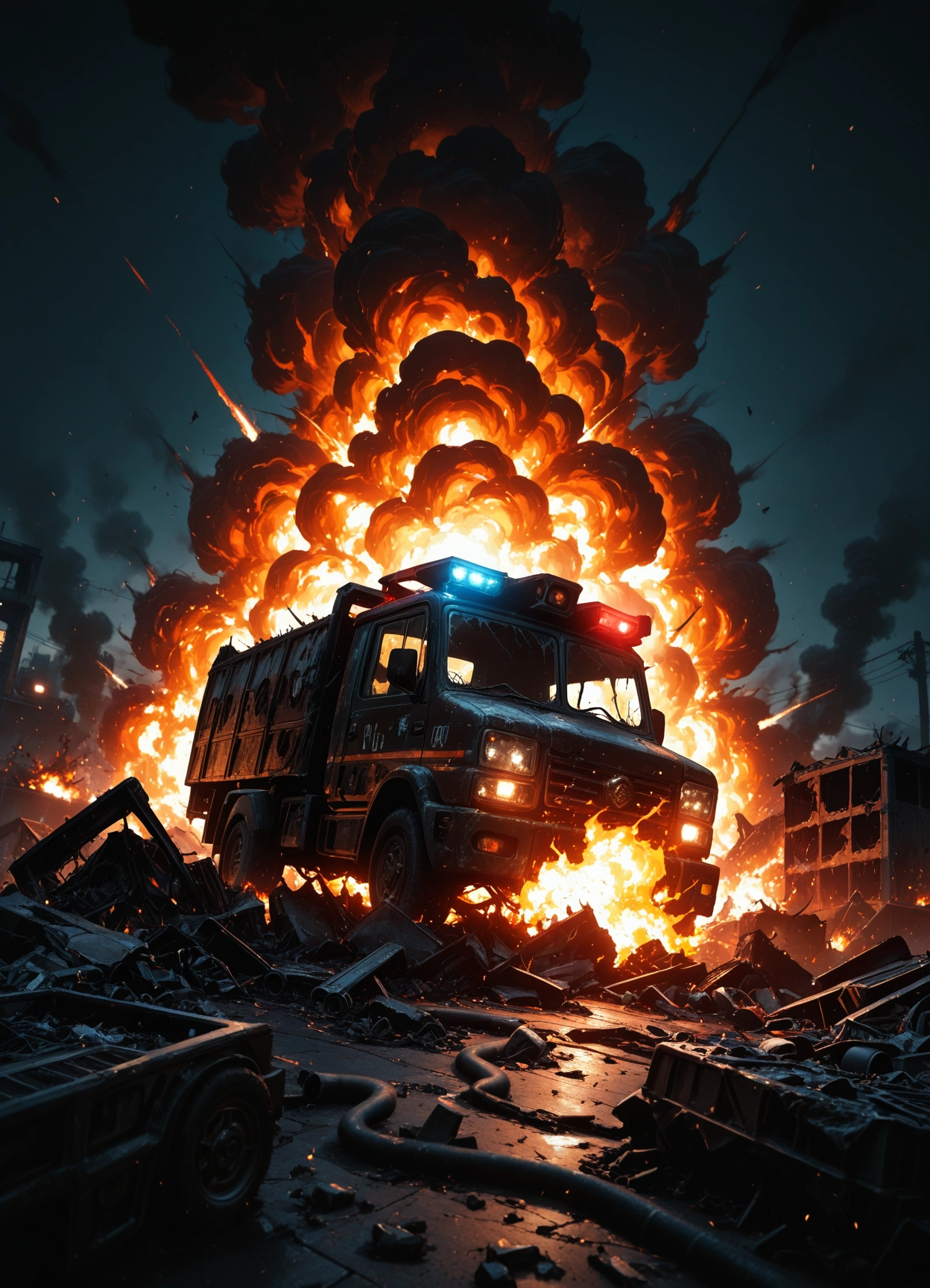 explosion, no humans, ground vehicle, motor vehicle, fire, ruins