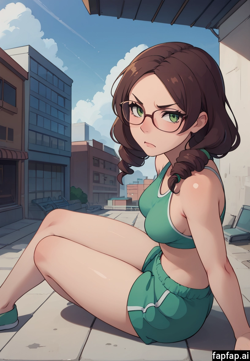 1girl, green shorts, solo, green eyes, breasts, brown hair · Yamete.gg