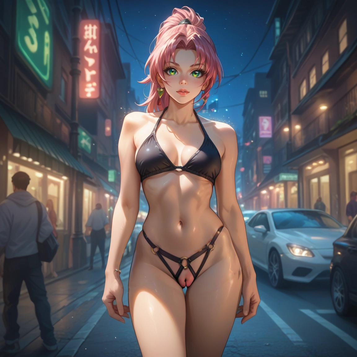 swimsuit, bikini, green eyes, breasts, motor vehicle, navel · Yamete.gg
